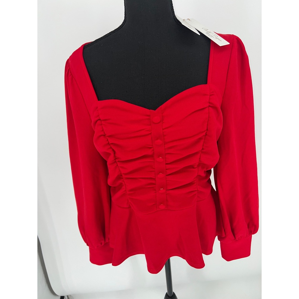 Belle Poque Red Ruched Peplum Top Long Sleeve Vintage Style Sweetheart Blouse L